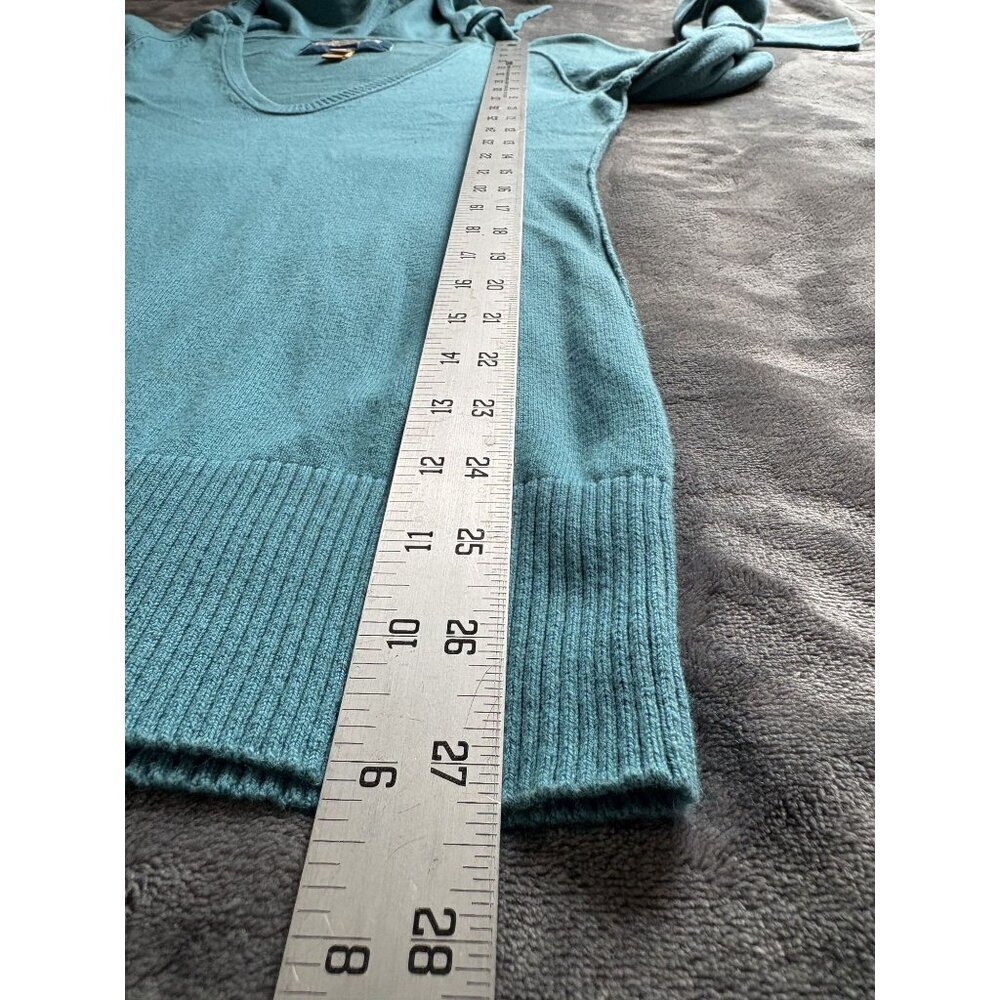 American Eagle Outfitters Women's V-Neck Hooded Sweater M Teal Logo Y2k Preppy - Picture 12 of 12